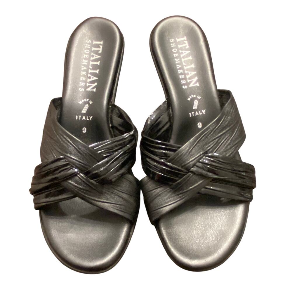 Italian Shoemakers Black Crisscross Wedge Slide Sandals Made in Italy Sz 9